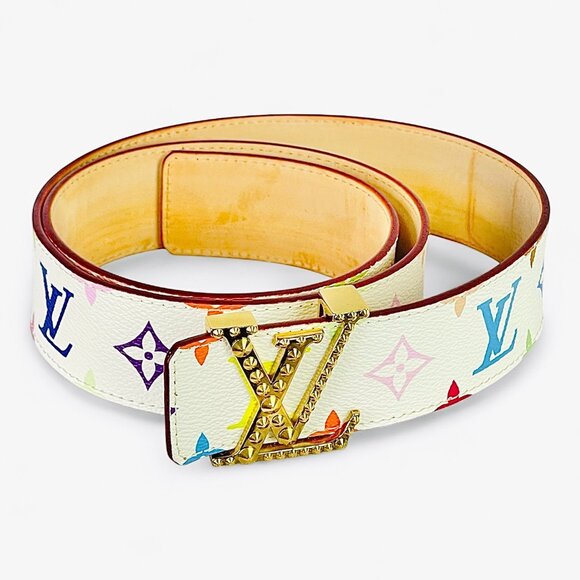 LOUIS VUITTON Murakami Monogram Multicolor Studded LV Initiales Belt 90 36 White - Picture 4 of 15